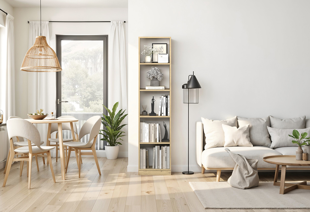 Απεικονίζεται η βιβλιοθήκη γεμάτη με κουτιά αποθήκευσης, βιβλία και διακοσμητικά σε ένα σαλόνι.